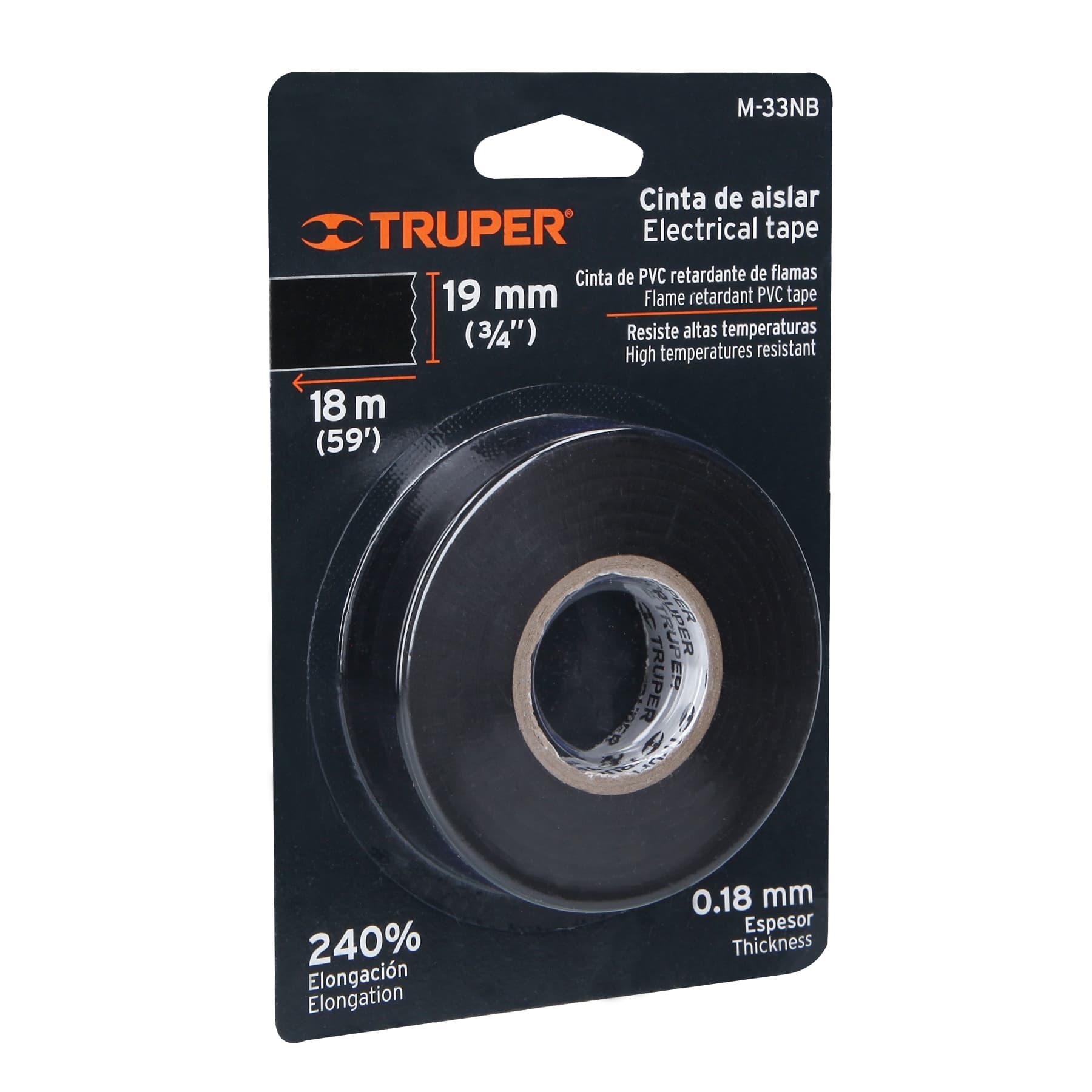 Cinta de aislar de 18 m x 19 mm, negra en blíster, Truper M-33NB 12499