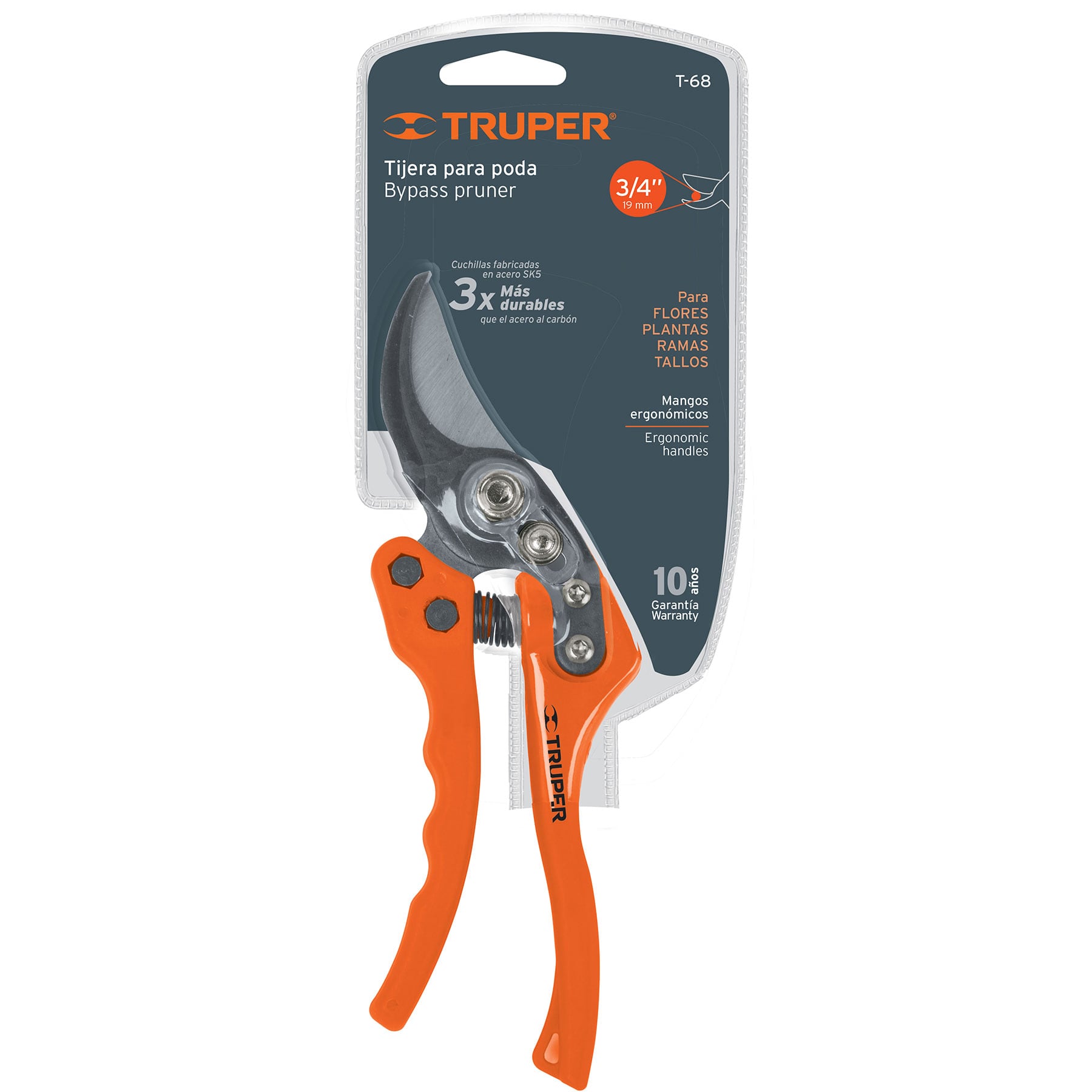 Tijera para poda 8″ de acero/nylon con cuchillas acero SK5 Truper T-68 18463 - Image 2