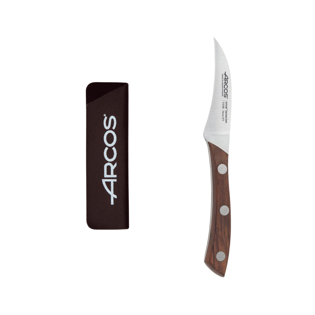 Cuchillo Mondador Curvo de 7,5 cm con Mango de Madera Arcos Natura + Funda Protectora Arcos